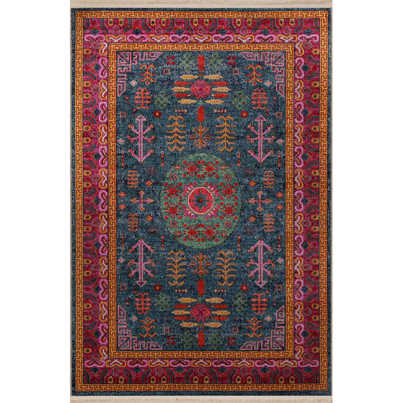 Tapis décoratif vert multicolore à motif frangé et à motif vert, Rectangle 4 pi 11 po x 7 pi 7 po