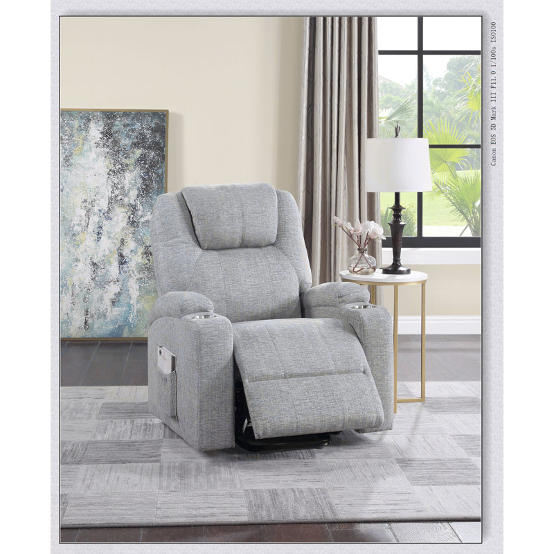 Fauteuil inclinable en chenille gris clair avec lève-personne électrique, massage et rembourrage en mousse confortable pour une détente ultime