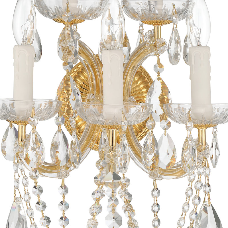 Bohemian 5 Light Crystal Candle Wall Sconce, Gold, Majestic Wood Polished