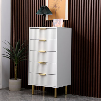 Ailean Ribbed 5 Drawer Tallboy Chest of Drawers – White or Black Gloss Fluted Fronts with Gold Legs & Handles (50cm Wide)