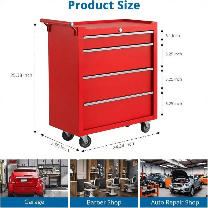 4 Compartment Tool Box with Drawers, Mobile Tool Cabinet with Key Lock for Garage Workshop, Red
