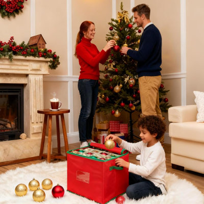 Boîte de rangement d'ornement de Noël en toile rouge pour 64 ornements avec 4 plateaux amovibles et couvercle à fermeture à glissière Oxford