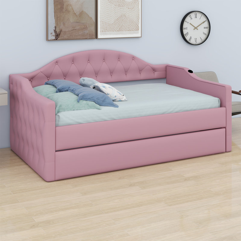 Lit de jour simple tapissier capitonné avec couchette, port USB et ports de charge, Rose