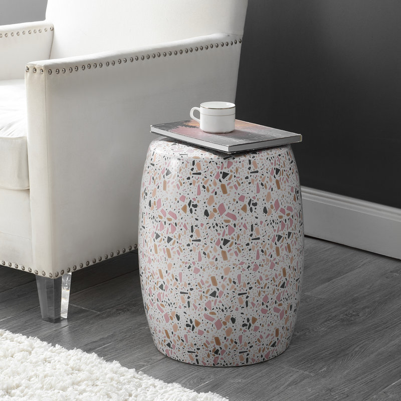 Tabouret de jardin en céramique à motif floral chinois et blanc 17,5 po Chiara, siège de patio intérieur / extérieur percé et table d'appoint