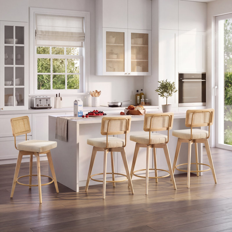 Tabourets de comptoir pivotants rembourrés Anandi de 26,2 po de style moderne du milieu du siècle avec dossier en rotin et cadre en bois massif (ensemble de 4)