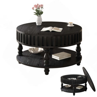 Mid-Century Modern Fluted Flip-Top Lid Coffee Table with Storage & Sturdy Solid Wood Legs