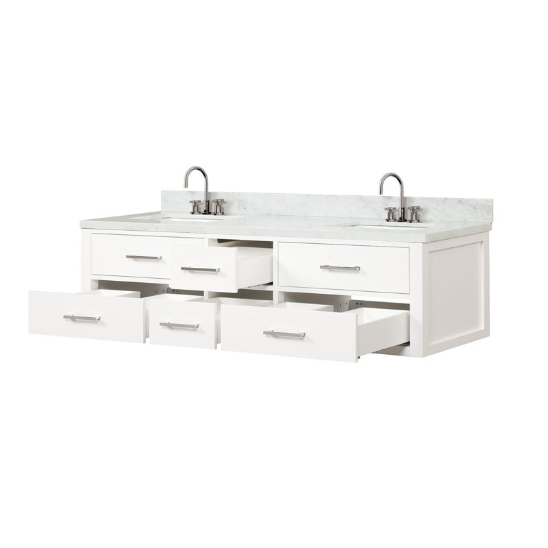 Meuble-lavabo double blanc 72 po X P 22 po D, dessus en marbre de Carrare et ensemble de robinet