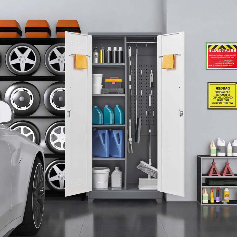 Nettoyage des armoires à outils avec portes verrouillables, armoires de rangement pour outils à haut balai, tablettes réglables, grandes armoires pour cuisines, bureaux, magasins. (72 pouces)