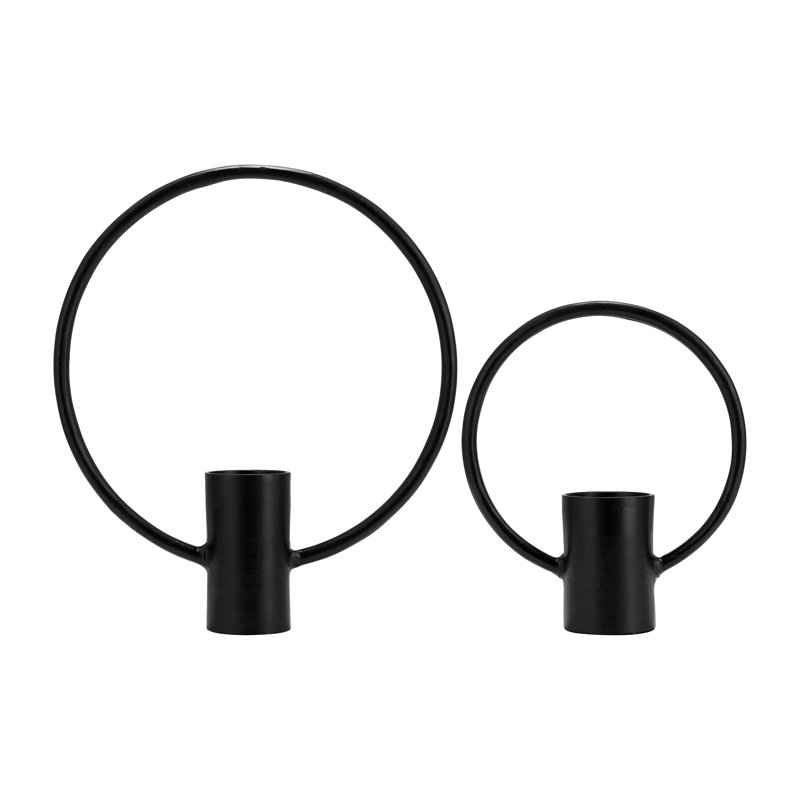 Set of 2 Metal Decorative Ring Candle Holders Contemporary Abstract Black Aluminum Ring Candle