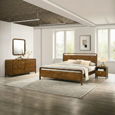 Ellum Wood Bedroom Set, Queen Platform Bed with Dresser, Mirror, and Nightstand in Walnut Finish