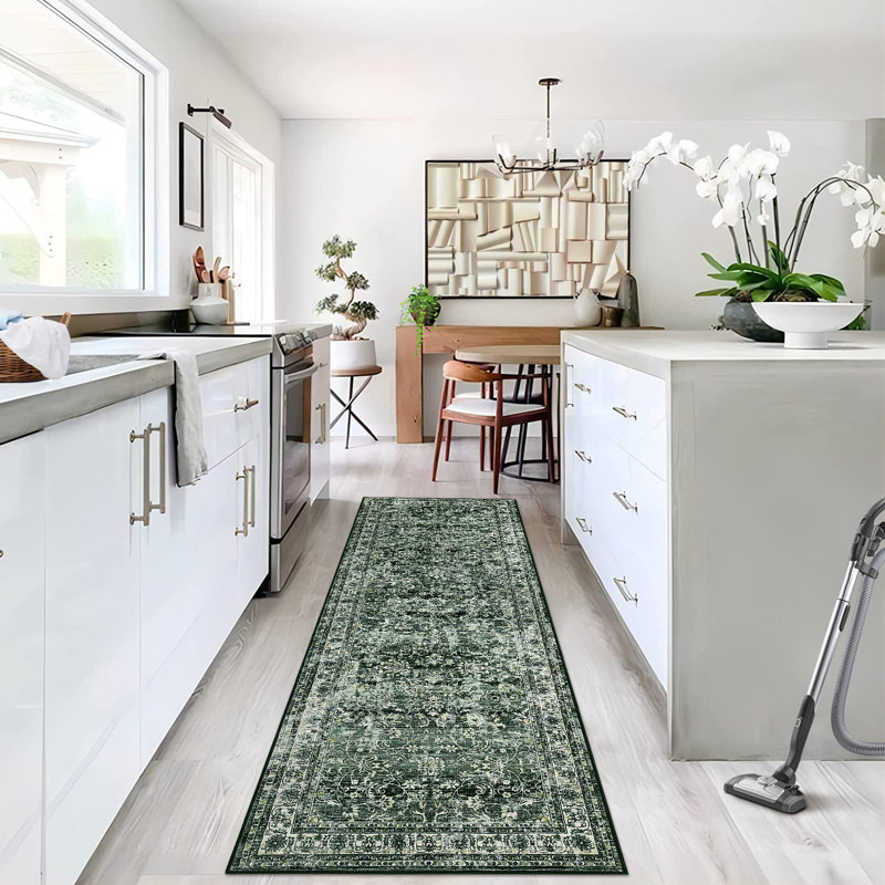 2x6 Washable Rug Non Slip Vintage Oriental Hallway Runner Rug with Rubber Backing Low Pile Retro Floral Distressed Carpet for Kitchen Laundry Entryway,