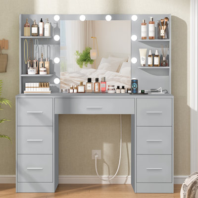 Camyla Makeup Vanity Table with LED Lighted Mirror, Power Outlet, Drawers,Shelves,5 Jewelry Hooks