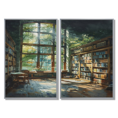 Green Brown Bookshelves Library Quiet Haven - Libraries Canvas Print Wall Art, Green Architecture Wall Decor Set Of 2