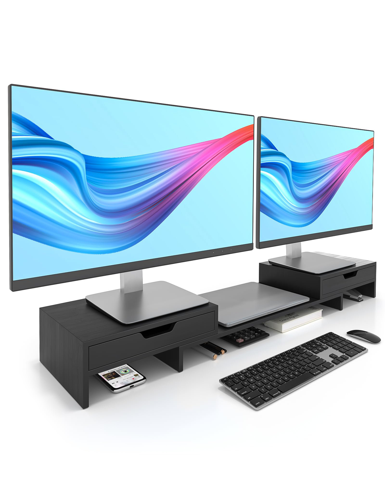 hongzhi Dual Monitor Riser With Two Drawers For Desk, Bamboo Monitor ...