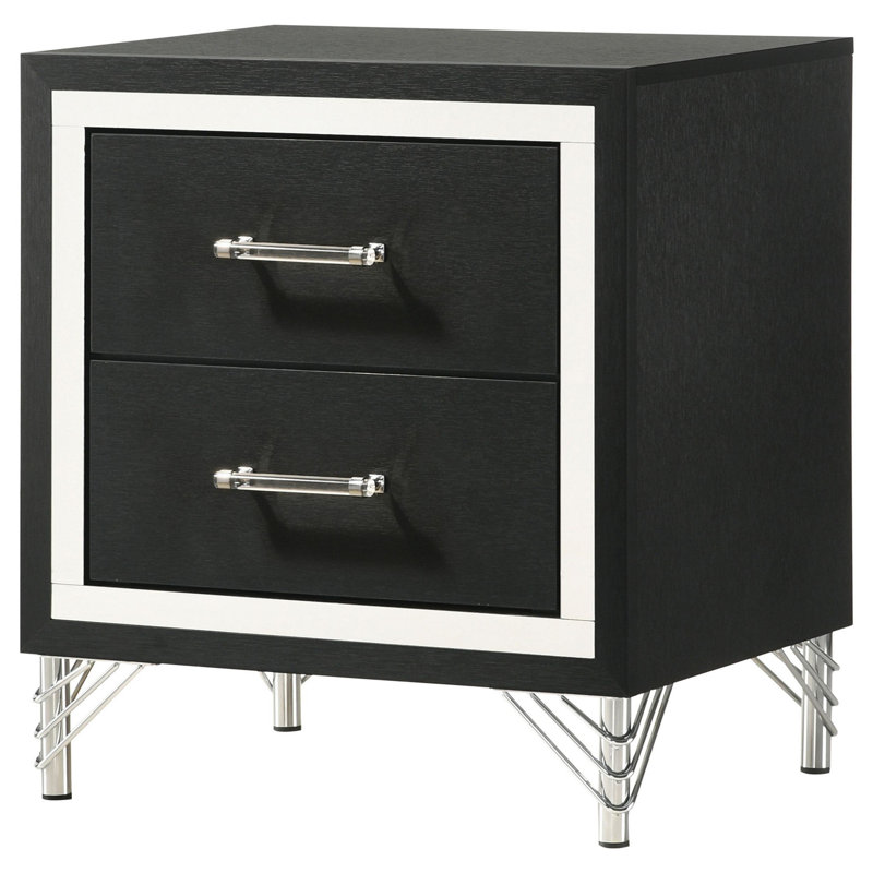 Jenny Nightstand, 24 Inch 2 Drawers And Chrome Accents, Modern Black