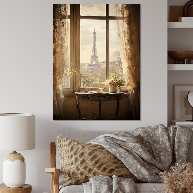 «Rustic Eiffel Tower Paris Window View I - City Paris», art mural, H 32 po x l 16 po x P 1 po, Toile tendue