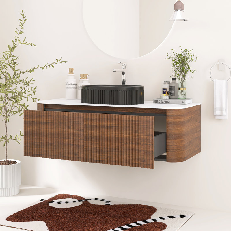 Meuble-lavabo mural cannelé 48 po avec lavabo vasque en céramique, deux tiroirs et porte-serviettes 48 po, Walnut