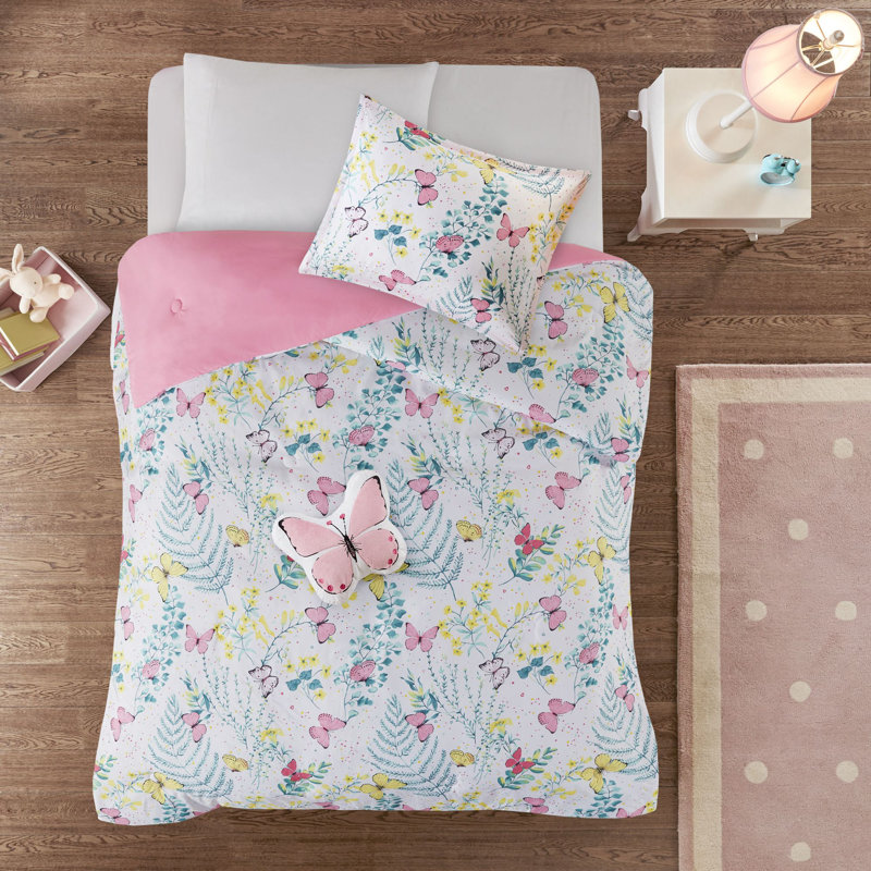 Twin Pink Microfiber Butterfly Comforter Set with Decorative Pillow
