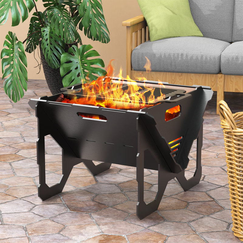 Foyer d'extérieur portatif au charbon en acier H 15 po x l 20 po avec grille pour le camping