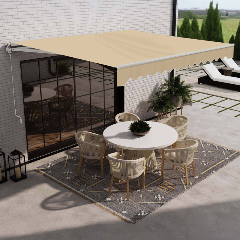 Retractable Patio Awning - White Frame, Desert Sand, 10' W x 8' D 