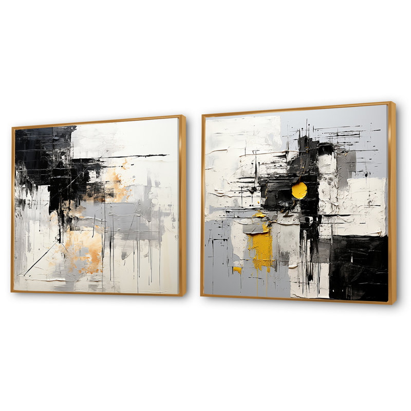 Beige et noir Divine Simplicity - ensemble de 2 collages carrés de peinture abstraite, Cadre flottant doré, H 16 po x l 33 po