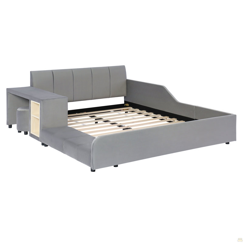 Full Size Upholstered Grounded Bed, Mother & Child Bed With Bedside Desk And Little Round Stool, Full , Gray