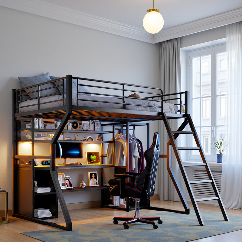 Lit mezzanine avec rangement ouvert DEL