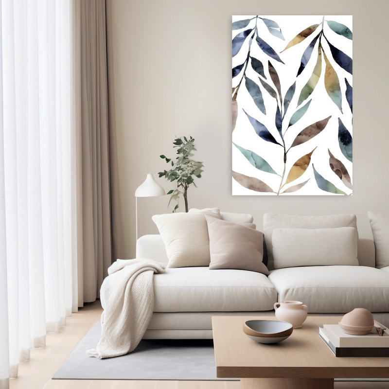 Aquarelle, feuilles, art mural abstrait contemporain, 60" H x 40" W