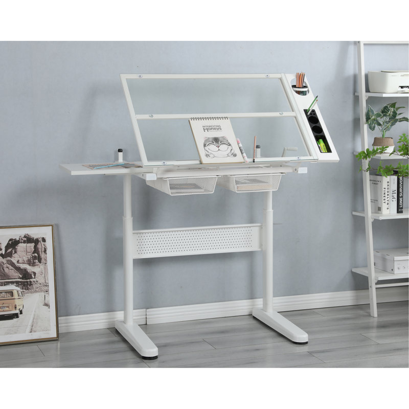 hand crank adjustable drafting table drawing desk with 2 metal drawers with Stool, White
