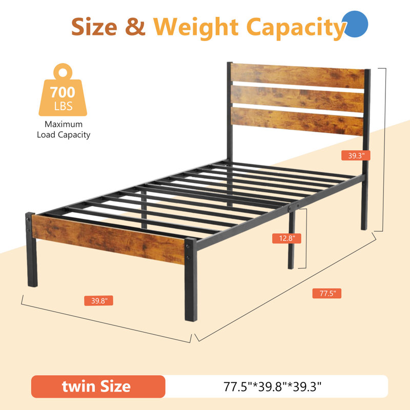 Base de lit plateforme en métal - sommier avec tête de lit et pied de lit, aucun sommier nécessaire avec support de lattes en bois robuste de 700 lb, silencieux et facile à assembler