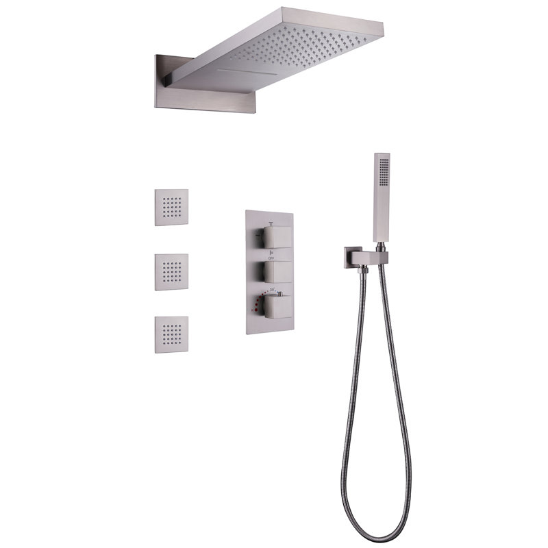 22.36*10.63" Thermostatic Shower System, Wall Mounted 4 Function Luxury Rainfall & Waterfall Shower Head with Handheld Spray and 3 Body Jets with Rough-in Valve