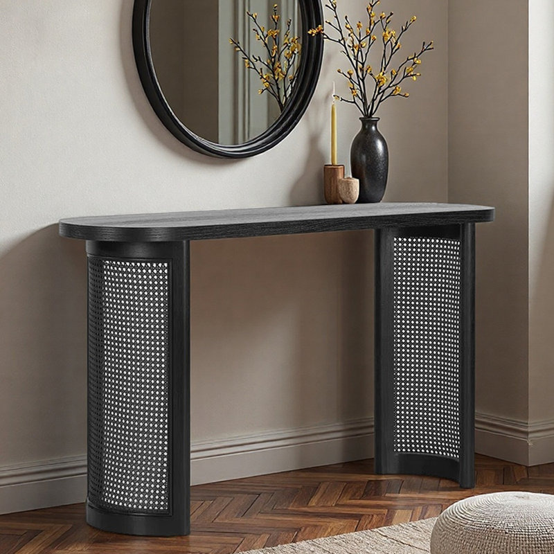 Console d'entrée en bois massif de style Mid-Century, H 29,5 po x l 39,4 po x P 15 po, Noir, noir, noir, noir