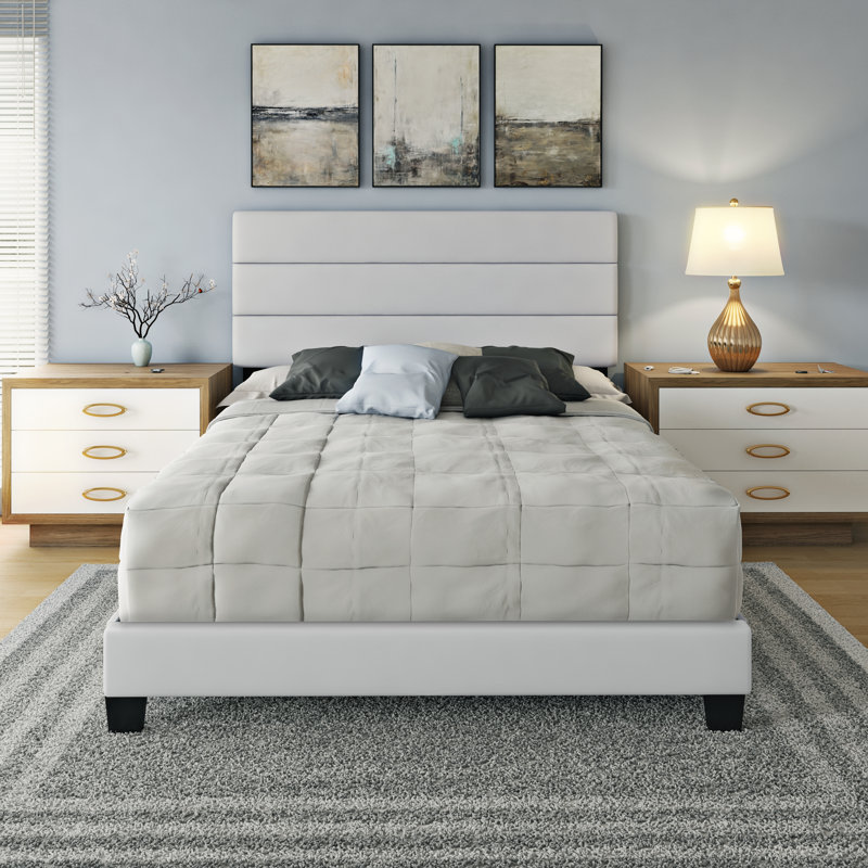 Piedmont Light Faux Leather Queen Platform Bed with Tufted Headboard