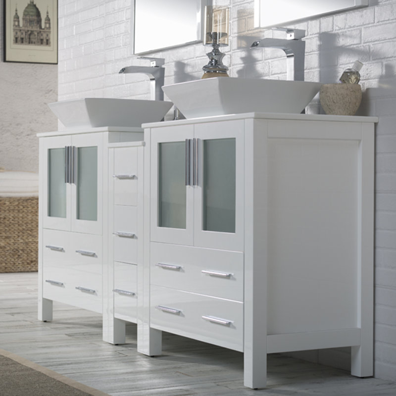 Ensemble de meuble-lavabo double 72 po avec miroir Mance, Blanc lustré