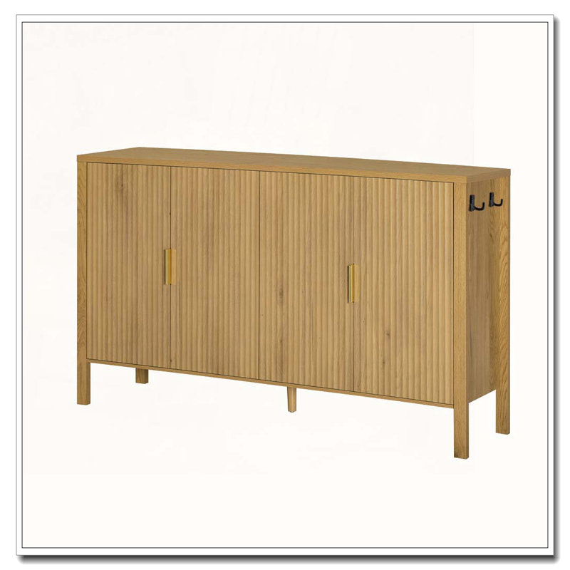 Buffet 57,5 po en MDF à 4 portes avec tablettes de rangement et crochets latéraux, tablettes réglables, Naturel