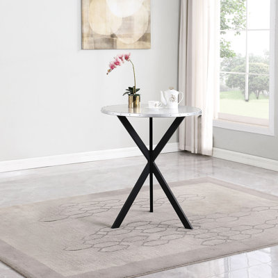 Galvanized Steel Round Bistro Bar Table, Silver Top, Angular X - Base, 36" Tall, 31.5" Wide And Deep, For A Dining Spot Table With Black High, Relaxed Conversations