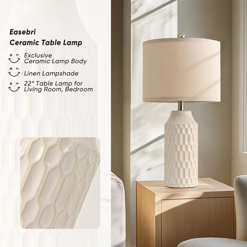 22" Beige Ceramic Table Lamp Set with Fabric Shade