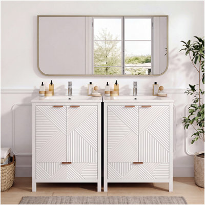 48" Bathroom Vanity Set, Modern Bathroom Vanity With Single Faucet Hole, Textured Door Panels And A Drawer, Pine Legs, Large Storage Space & Soft Close Hinges, White