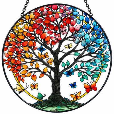 Tree of Life Stained Glass Suncatcher for Windows, 9.9 Inch Colorful Glass Window Hanging, Tree of Life Home Decor Gift for Mom, Women, Housewarming