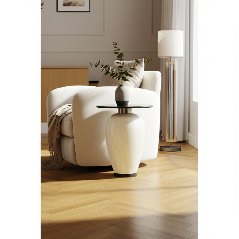 Glass and Marble Accent Table with Sleek Modern Design, Elegant Curved Base, and Durable Construction for Stylish Home Decor.