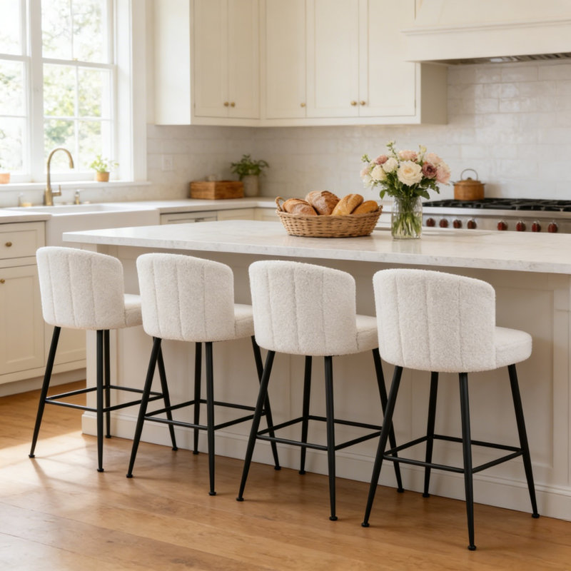 25.3" H Modern Counter & Bar Stool with Large Seat and Back, White Boucle, White