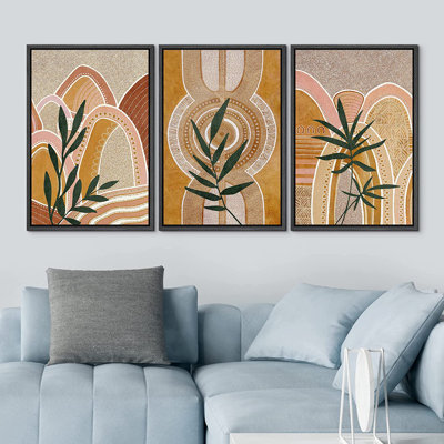 Mid Century Modern Boho " Geometric Forest Plant Polygon Landscape " 3 - Pieces