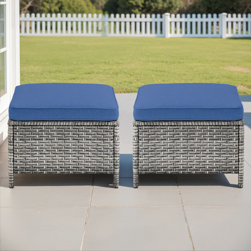 Ensemble de 2 repose-pieds d'extérieur en rotin gris avec coussins bleus pour la cour ou la terrasse, Gris