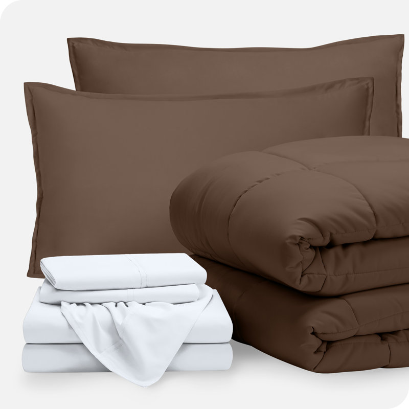Lit dans un sac en microfibre 1800 de qualité supérieure 1800, Édredon double TG + 6 pièces supplémentaires, Cacao / blanc