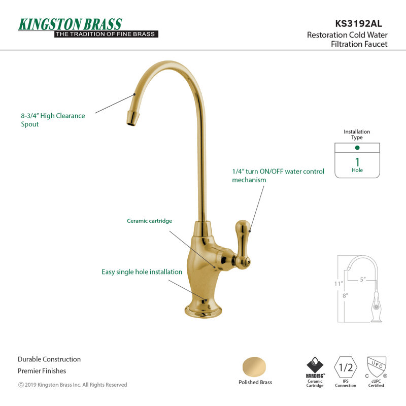 Kingston Brass Restoration Single-Handle 1-Hole Deck Mount Water Filtration Faucet, Polished Brass