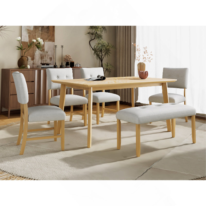 Ensemble de table de salle à manger 6 pièces Rustic Farmhouse, Table, banc, 4 chaises, Naturel