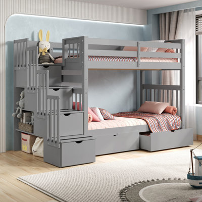 Tena Tall Solid Wood Standard Stairway Bunk Beds Twin over Twin, 4 Drawers in the Steps, 2 Under-Bed Drawers, Gray