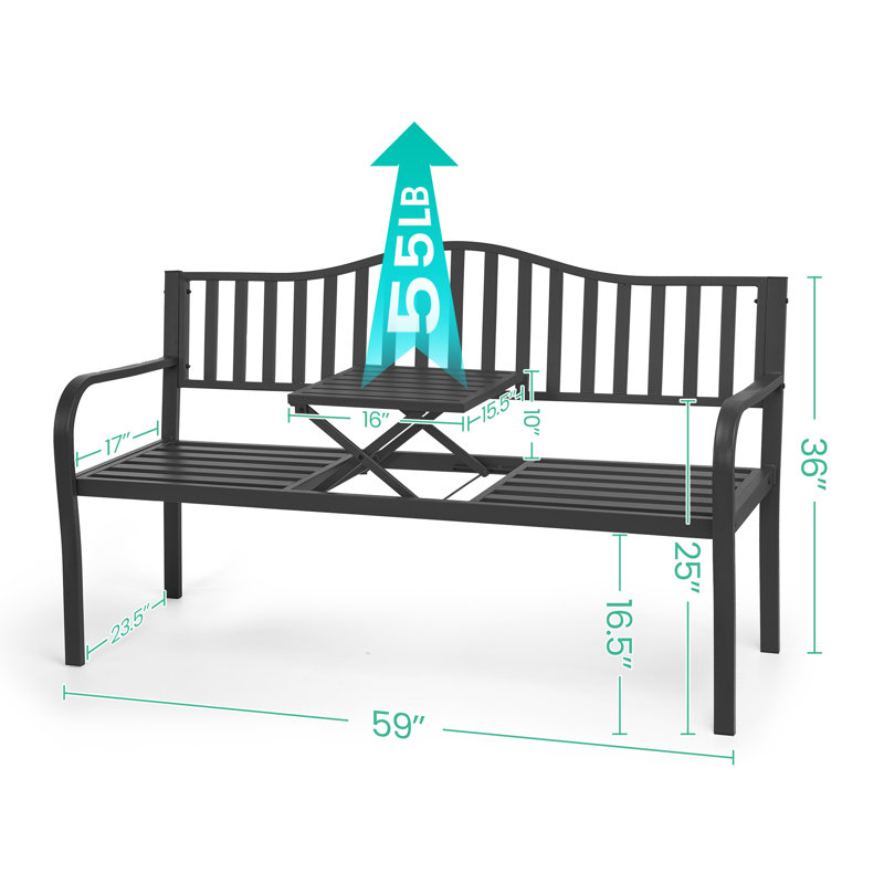 Outdoor Metal Garden Bench 59" Patio Bench With Built In Table Park Bench, Outside Bench Weather Proof Front Porch Bench, 500lbs, Gray