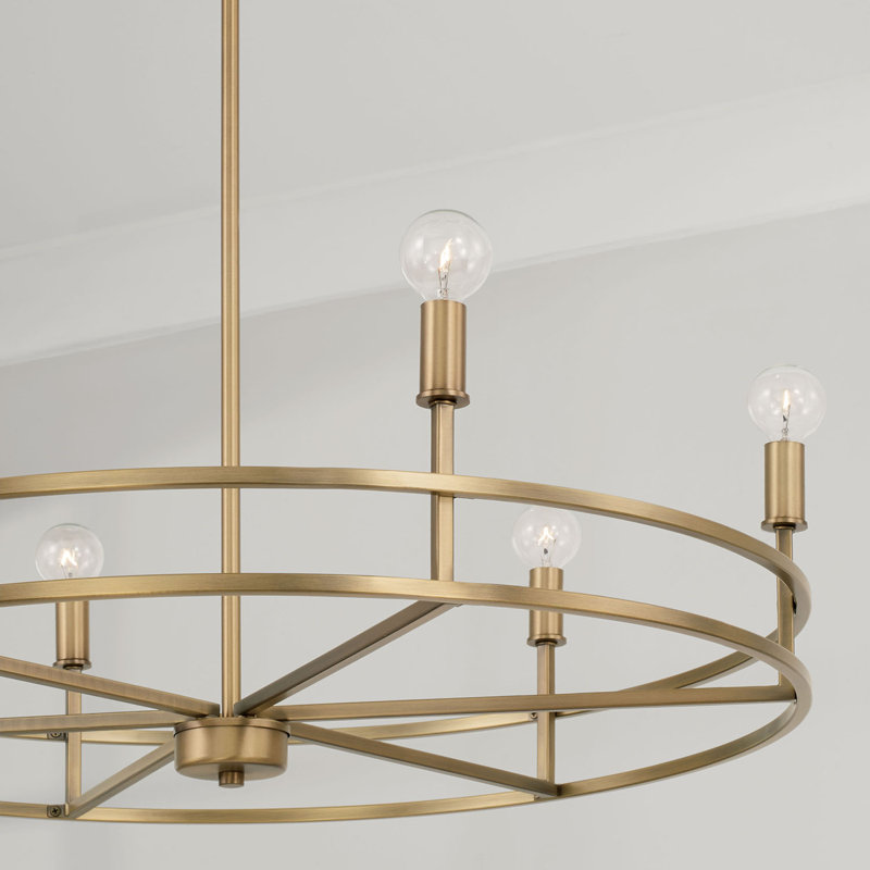 6 - Light Dimmable Geometric Chandelier, Aged Brass