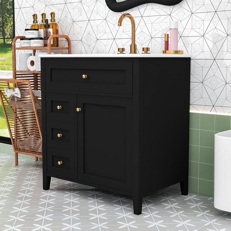Meuble-lavabo moderne avec rangement spacieux, panneau de fibres à densité moyenne durable et tablettes réglables, Noir